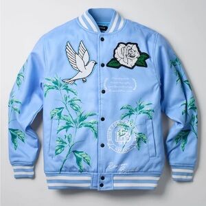 Reason Blue Varsity Bomber Jacket with Embroidered Design